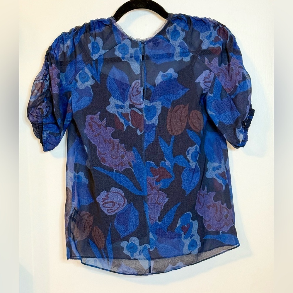 Ted Baker London Nixole Blue Purple Floral Ruched Sleeve Blouse Top- Size 0 - Picture 6 of 9